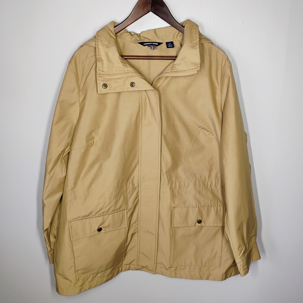 Lands' End Jacket Womens 1X Beige Packable Rain‎ Hooded Parka Hiking Outdoors